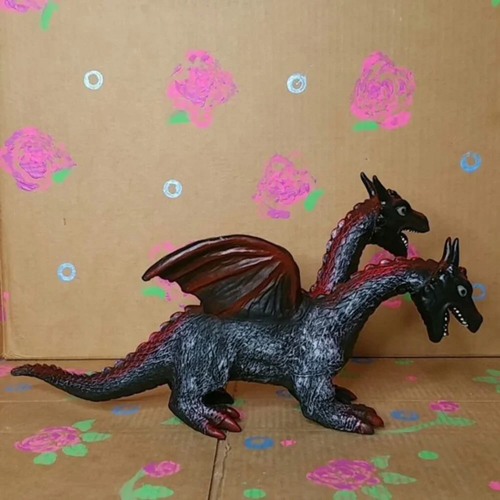 Red and Black Two-Headed Rubber Dragon Toy Figure